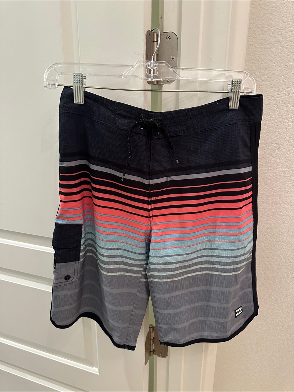 Billabong Black Swim Boardshorts with Coral and Teal Stripes